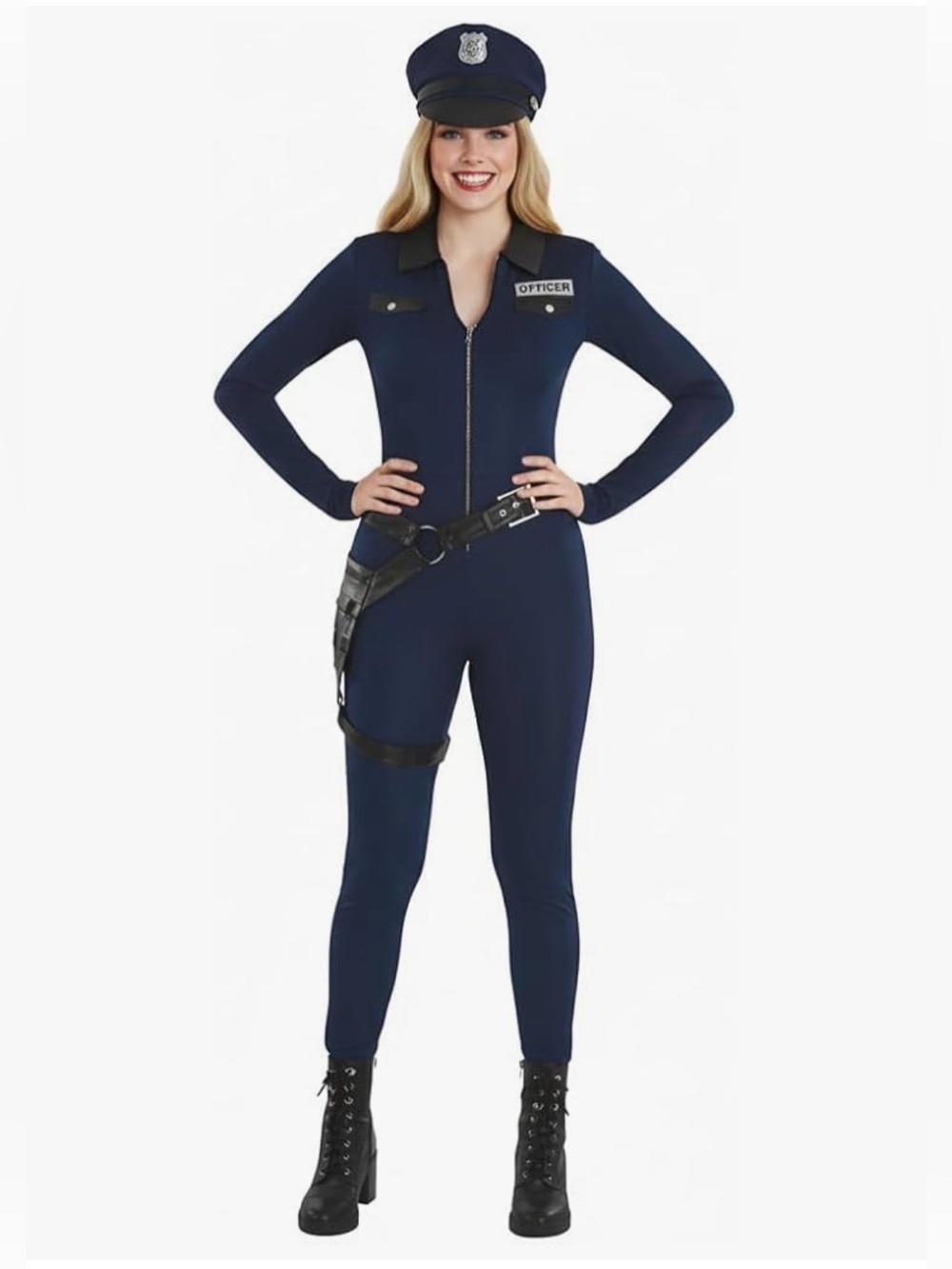 Ladies Police Officer Cop Costume Halloween Womens Large Jumpsuit Hat Cosplay